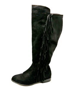 Lane Bryant Womens Boots Black Faux Suede Fringe Knee High Zip Nylon Back 8 Wide - Picture 1 of 11