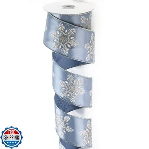 DINDOSAL Dusty Blue Snowflake Drahtband, blau-weiß verdrahtetes Satinband - Bild 1 von 5