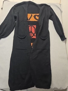Sweater Womens Medium LONG Cardigan Black Orange LOVE PEACE  Halloween Colors - Picture 1 of 17