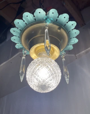 Antique Vtg Art Deco Flush Mount Light Crystal Single Bulb Sunburst 1920s 1940s - Image 1 of 4