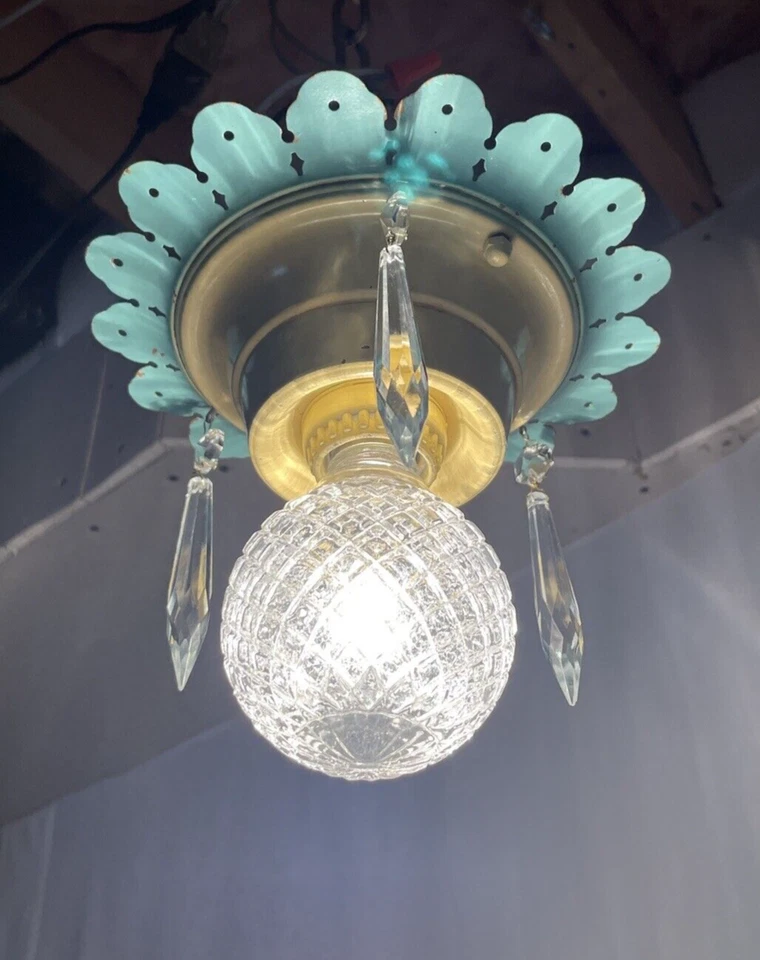 Antique Vtg Art Deco Flush Mount Light Crystal Single Bulb Sunburst 1920s 1940s - Image 1 of 4