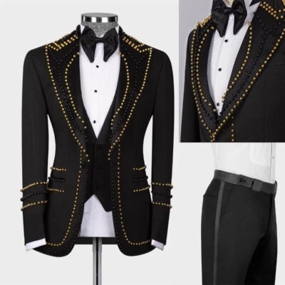 Mens Pearls Black Suits For Wedding 3-Piece Formal Occasion Party Groom Tuxedos - Image 1 of 4