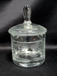 Vintage Clear cut Glass Candy dish Vanity jar w lid Etched deer bird 5" - Picture 1 of 6