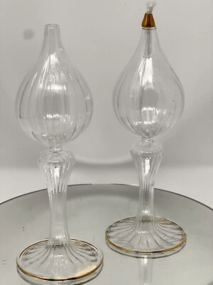Juego/2 quemadores de aceite de vidrio soplado transparente vintage con base dorada de 10" (solo una mecha) Foto 1 de 4