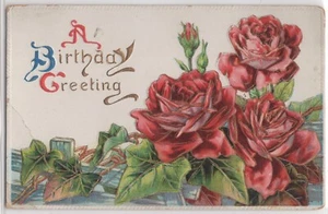 A Birthday Greeting Roses Blooming on Fence Flowers Embossed Vintage Postcard - Picture 1 of 2