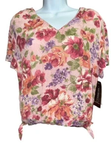 Karin Stevens Top size 16 Vintaqe Rayon Pink Floral Side Tie V-Neck Short Sleeve - Picture 1 of 5