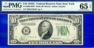 1934C $10 Federal Reserve Note PMG 65EPQ wanted gem New York star Fr 2008-BW* - Image 1 of 3