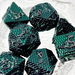 Sage's Dragonscales Green/Silver Metal Polyhedral Dice Set Dnd Games D&D - Picture 1 of 13