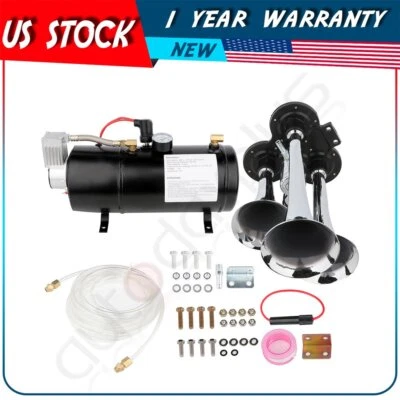 Kit de bocina de aire de tren de trompeta de 3 ruidosos 135 dB y sistema de aire de compresor de aire de 12 V 150 PSI Foto 1 de 4