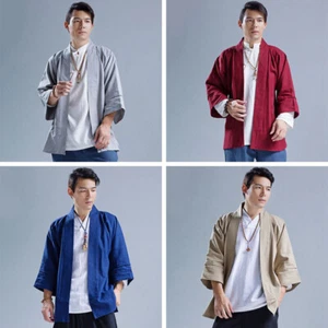 Camicia kimono giapponese da uomo in lino manica a 3/4 giacca cardigan sciolta top retrò blu - Foto 1 di 16