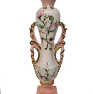 Vintage Porzellan Urne Lampe mit Griffen Floral Rosa Weiß Gold Handbemalt 13" - Bild 1 von 11