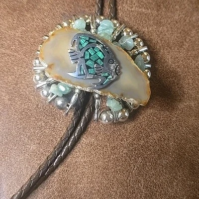  Corbata Bolo Hecha a Mano Turquesa Pez Piedra Cuero Marrón Foto 1 de 4