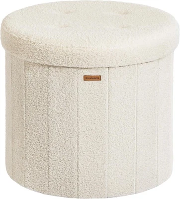 Cream Teddy Fleece Round Storage Ottoman Foldable Footstool Seat 46cm - Image 1 of 4