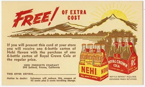 Cupón postal Nehi & Royal Crown 6 botellas publicidad gratuita de Fresno California - Imagen 1 de 2
