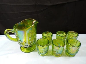 Westmoreland Levay Lime Green Carnival Glass Paneled Grape Miniature Water Set - Picture 1 of 12