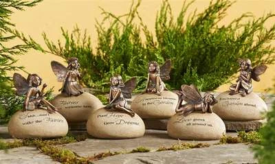 Fairy Message Rock Statues Set of 6 with Sentiment Garden Brushed Copper Color - Image 1 of 2