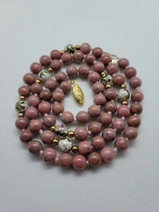 Vintage Chinese Silver Pink Rhodonite Stone & Cloisonne Enamel Bead Necklace 26" - Picture 1 of 7