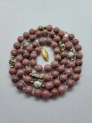 Vintage Chinese Silver Pink Rhodonite Stone & Cloisonne Enamel Bead Necklace 26" - Image 1 of 4