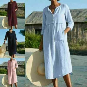 Women's Cotton Linen V Neck 3/4 Sleeve Midi Dress with Pockets Casual Boho Style - Picture 1 of 11