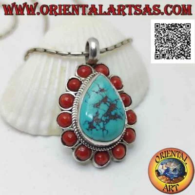 Ciondolo in argento 925‰ turchese tibetano naturale a goccia e coralli antichi t - Immagine 1 di 4