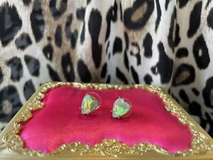 Betsey Johnson Opulent Floral Jade Green Lucite Opal Heart Gold Stud Earrings