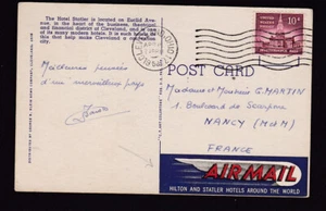 USA 1958 PPC OHIO to France Hilton & Statler Hotels Airmail vignette - Picture 1 of 2