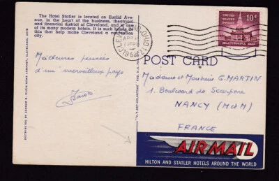 USA 1958 PPC OHIO to France Hilton & Statler Hotels Airmail vignette - Image 1 of 2