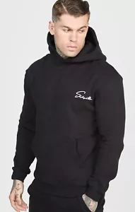 SikSilk Mens Black Script Embroidery Hoodie Small - Picture 1 of 4