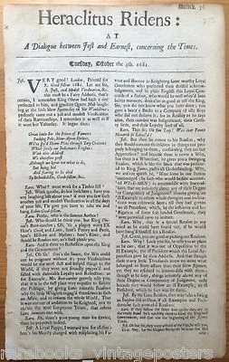1681 Original London Newspaper Tory Anti-Catholic Heraclitus Ridens King Charles - Image 1 of 4