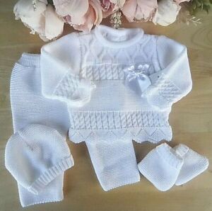Baby Boy Girl Knitted Set 4 PcsWhite Bow Top Bottoms Hat Booties 0 3m Portuguese