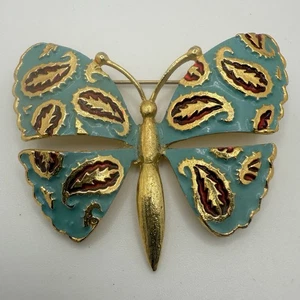 Vintage Emaille Schmetterling Brosche Karu unsigniert goldfarben türkisfarben Paisley - Bild 1 von 4