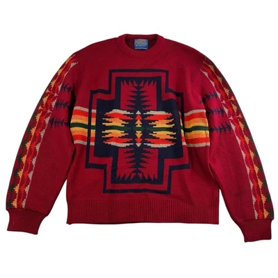 Vtg Pendleton L Large Sweater Southwest Aztec Western Wear Red Virgin Wool USA - Image 1 of 4