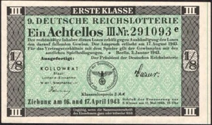 9. Billete de lotería Alemania 1/8 Reichslotterie 1943 - Segunda Guerra Mundial- Serie: 291093e - #F66 - Imagen 1 de 3