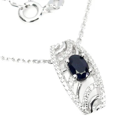 Summer 925 Silver Necklace Oval Sapphire 6x4mm Gemstone Jewelry - Image 1 of 4