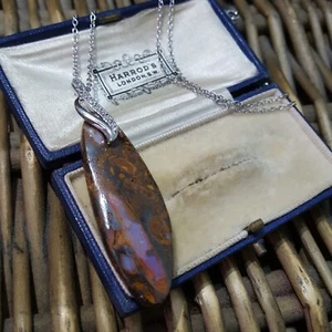 925 Sterling Silver Necklace, Australian Boulder Opal Pendant, 18" Chain - Picture 1 of 11