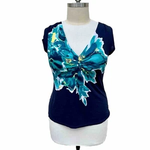 Women's INC Navy and Teal Abstract Floral Deep V Neck Short Sleeve Tee Top XL - Picture 1 of 14