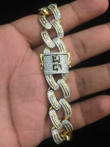 Pave 7.64 TCW Natural Diamonds Men's Cuban Link Bracelet In 585 Solid 14K Gold