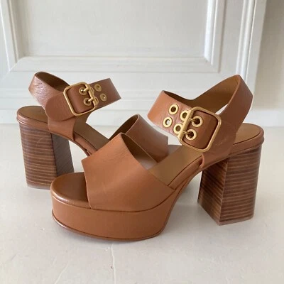 NUEVO SIN ETIQUETAS See By Chloe Anthropologie Lexi Peep Toe Tacones Cuero Marrón Remache Talla 36 Foto 1 de 4