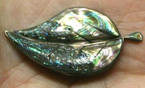 Abalone LEAF Pin Brooch Sterling Silver 925 CUERNAVACA ECC Mexico Vintage #J7LB - Picture 1 of 6