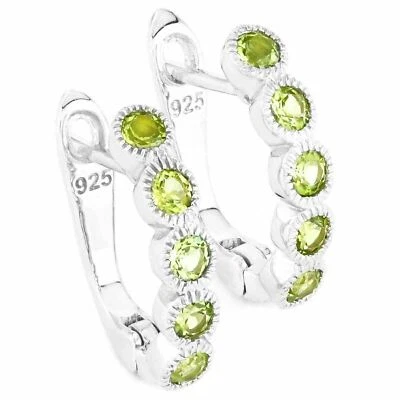 Serrated Bezel Peridot Snap Closure Hoop Earrings 14K on Sterling Silver 925 3mm - Image 1 of 4