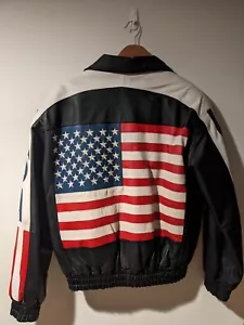 Vintage 90s USA America Flag Motorcycle Black Medium Genuine Leather Jacket - Picture 1 of 20
