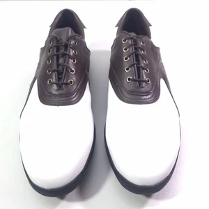 Men's FOOTJOY GREENJOYS 45424 White/Brown Golf Shoes SoftSpikes Size 12M  - Picture 1 of 9