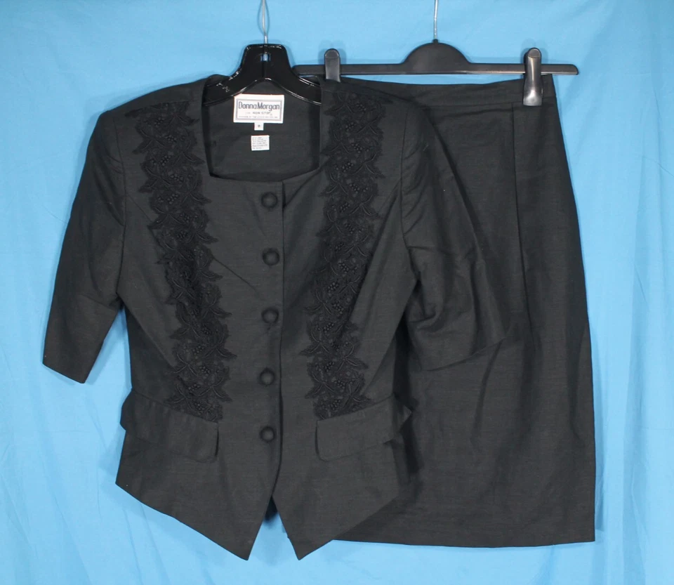 DONNA MORGAN Black LINEN BLEND Button-Up FLORAL LACE Jacket/Skirt OUTFIT SET 8 - Image 1 of 4