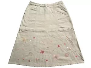 J JILL Midi Canvas A-Line Skirt SIZE 10 Khaki Floral Beaded Embroidered Stretch - Picture 1 of 13
