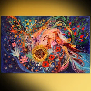 Abstract expressionism blue red yellow green flowers birds by Elena Kotliarker - Picture 1 of 4