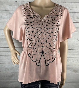 Lucy & Co. Blouse Small Pink Black Embroidered Floral Butterfly Flutter Sleeves - Picture 1 of 12