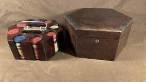 Antique Wooden Walnut? Wood Poker Caddy and Box Gambling Set Chips No Key - Picture 1 of 24