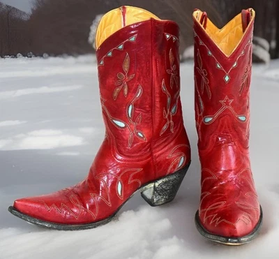 Vtg R. Soles by Judy Rothschild US Sz 9B ICONIC Red Leather Inlay Cowgirl Boots - Image 1 of 4