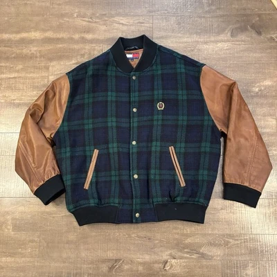 VTG Tommy Hilfiger Plaid Tartan Wool Varsity Bomber Jacket Leather Arms Large F4 - Image 1 of 4