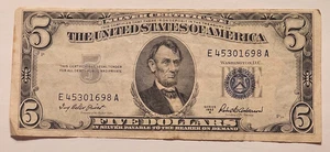 1953 A $5 Silver Certificate 5 Dollar Bill E/A block FR 1656 blue seal note VF + - Picture 1 of 10